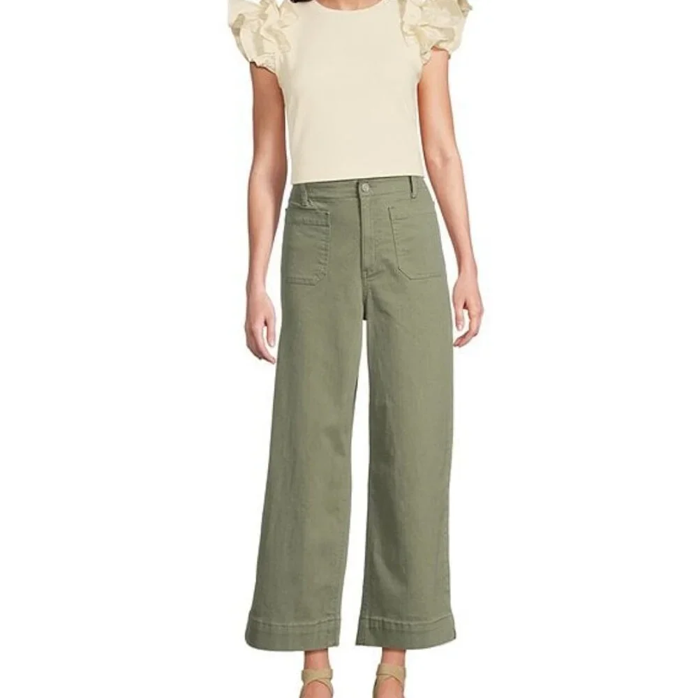 Hollywood Waist High-Rise Wide-Leg Patch Pocket Cropped Washed Aloe Jeans - Picture 3 of 6